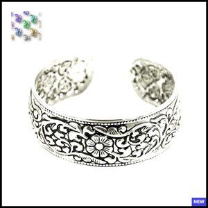 Vintage Carved Flower Cuff Bracelet Adjustable Stackable Boho Ethnic Statement